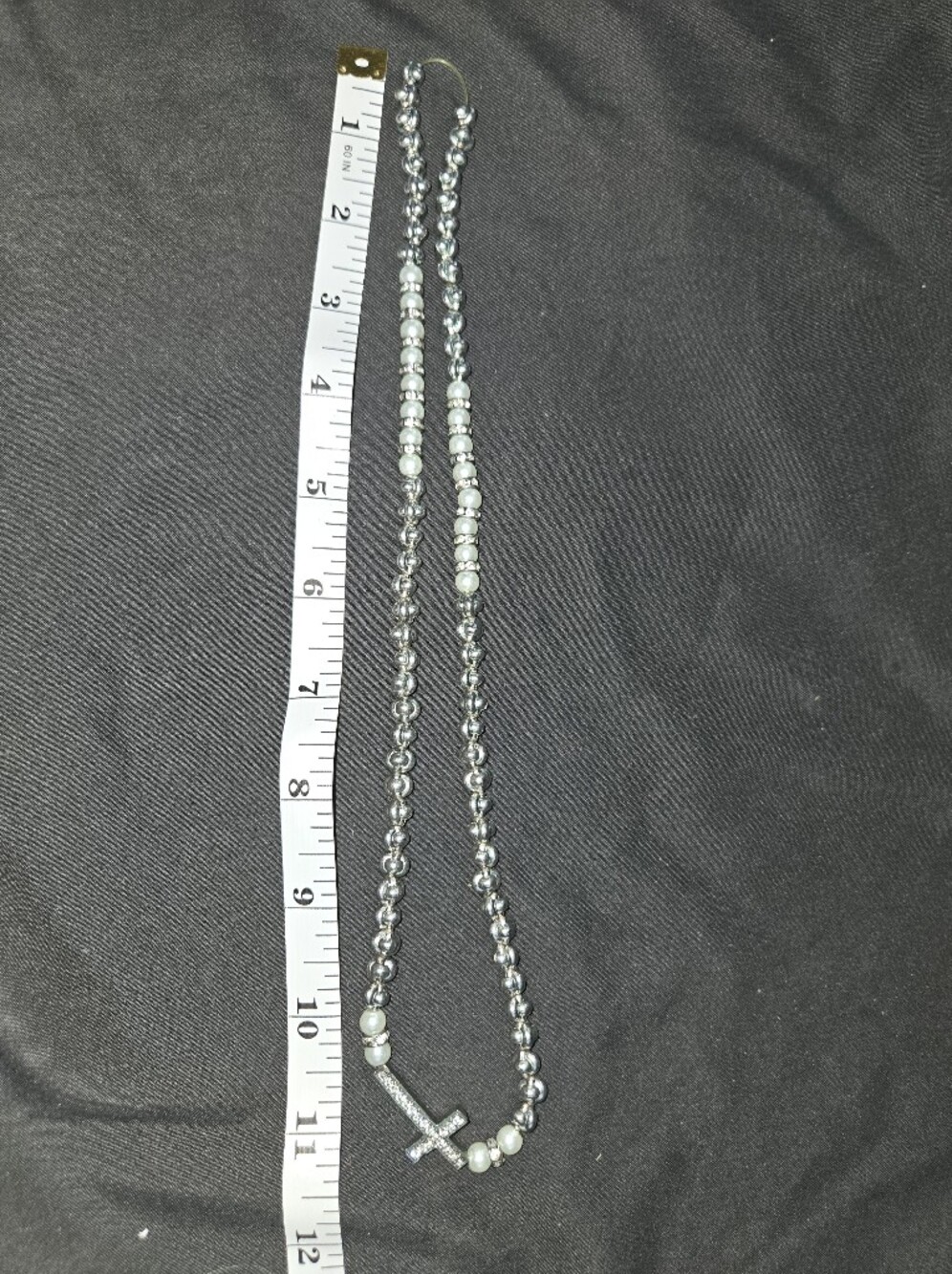 Silver Beaded Cross Necklace with Pearlescent And Rinestone Accents